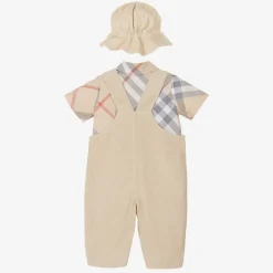 Burberry Gifts*Baby Boys Beige Cotton Dungaree Set PaleStone