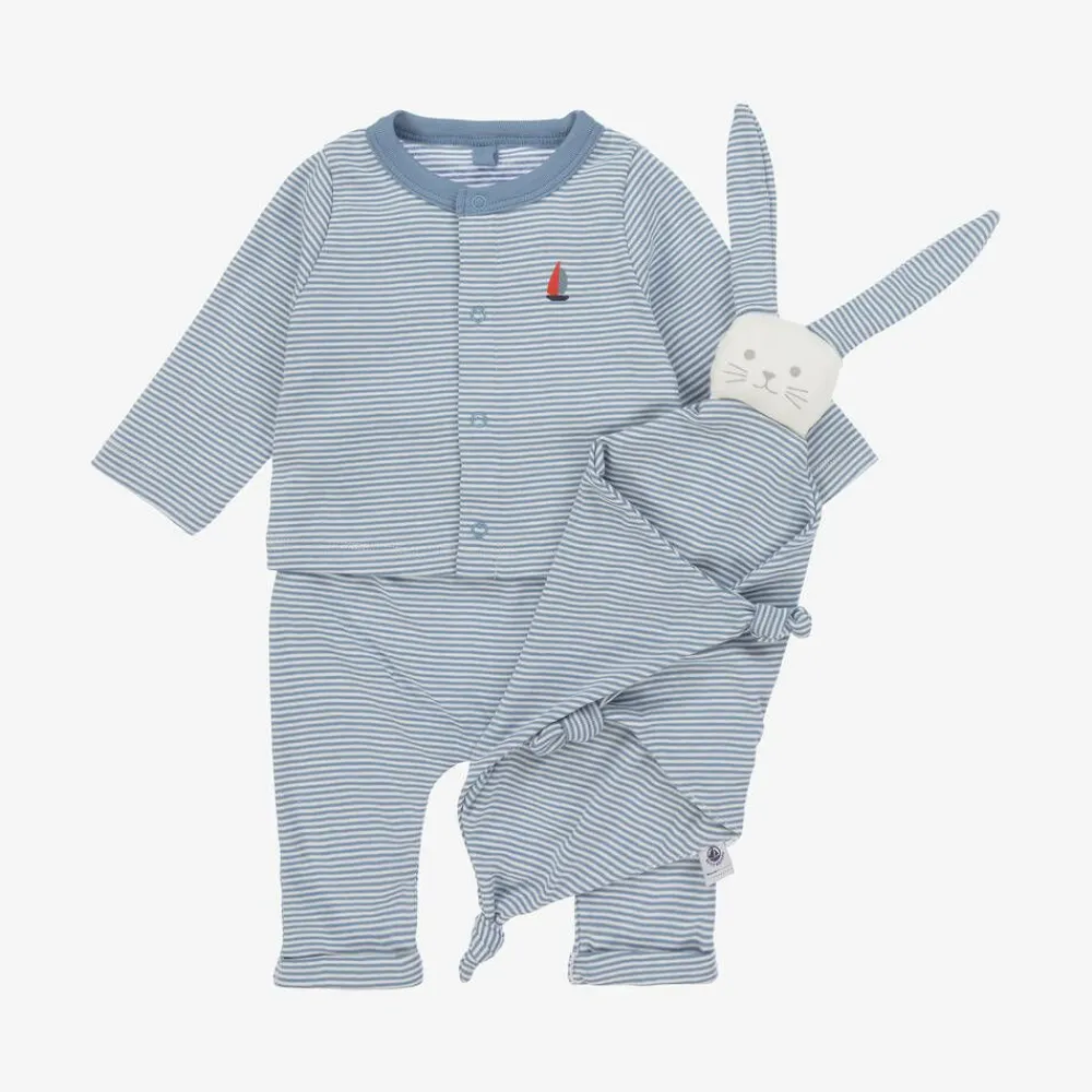 Petit Bateau Babysuits*Baby Boys Blue Stripe Organic Cotton Trouser Set
