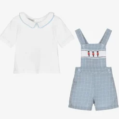 Beau KiD Outfit Sets*Baby Boys White & Blue Dungaree Shorts Set