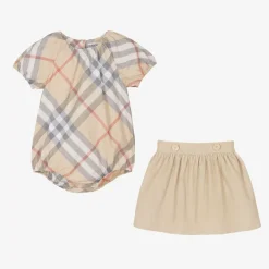 Burberry Gifts*Baby Girls Beige Cotton Skirt Set PaleStone