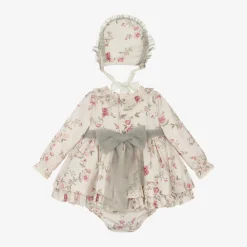 Abuela Tata Dresses*Baby Girls Beige Floral Print Cotton Dress Set