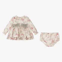 Abuela Tata Dresses*Baby Girls Beige Floral Print Cotton Dress Set