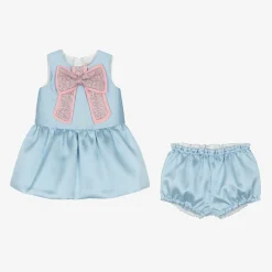 Hucklebones London Dresses*Baby Girls Blue Satin Bow Dress