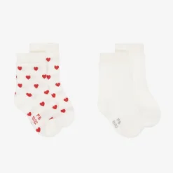 Petit Bateau Socks*Baby Girls Ivory & Red Heart Cotton Socks (2 Pack)