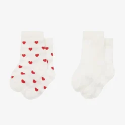 Petit Bateau Socks*Baby Girls Ivory & Red Heart Cotton Socks (2 Pack)