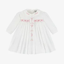 Sarah Louise Dresses*Baby Girls Ivory Cotton Hand-Smocked Dress