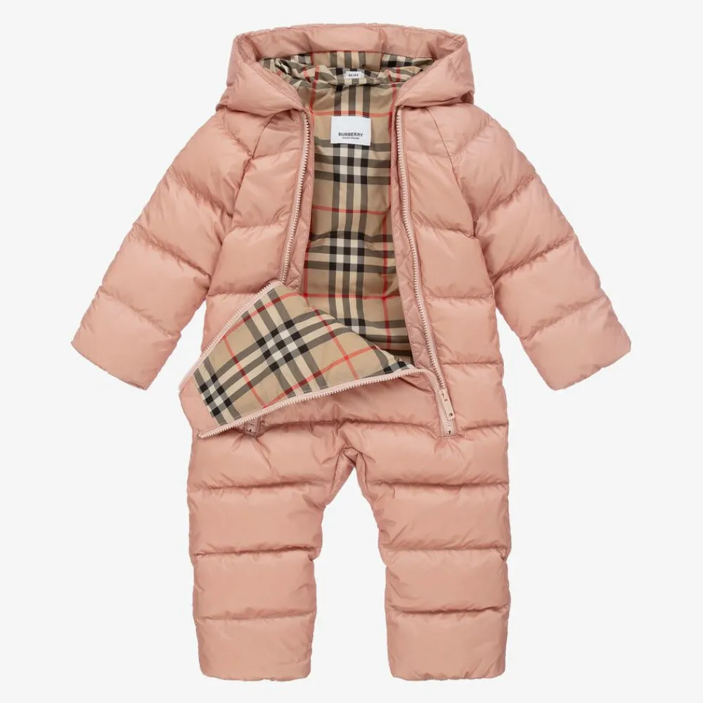 Burberry Snowwear|Snowwear*Baby Girls Pink & Vintage Check Snowsuit