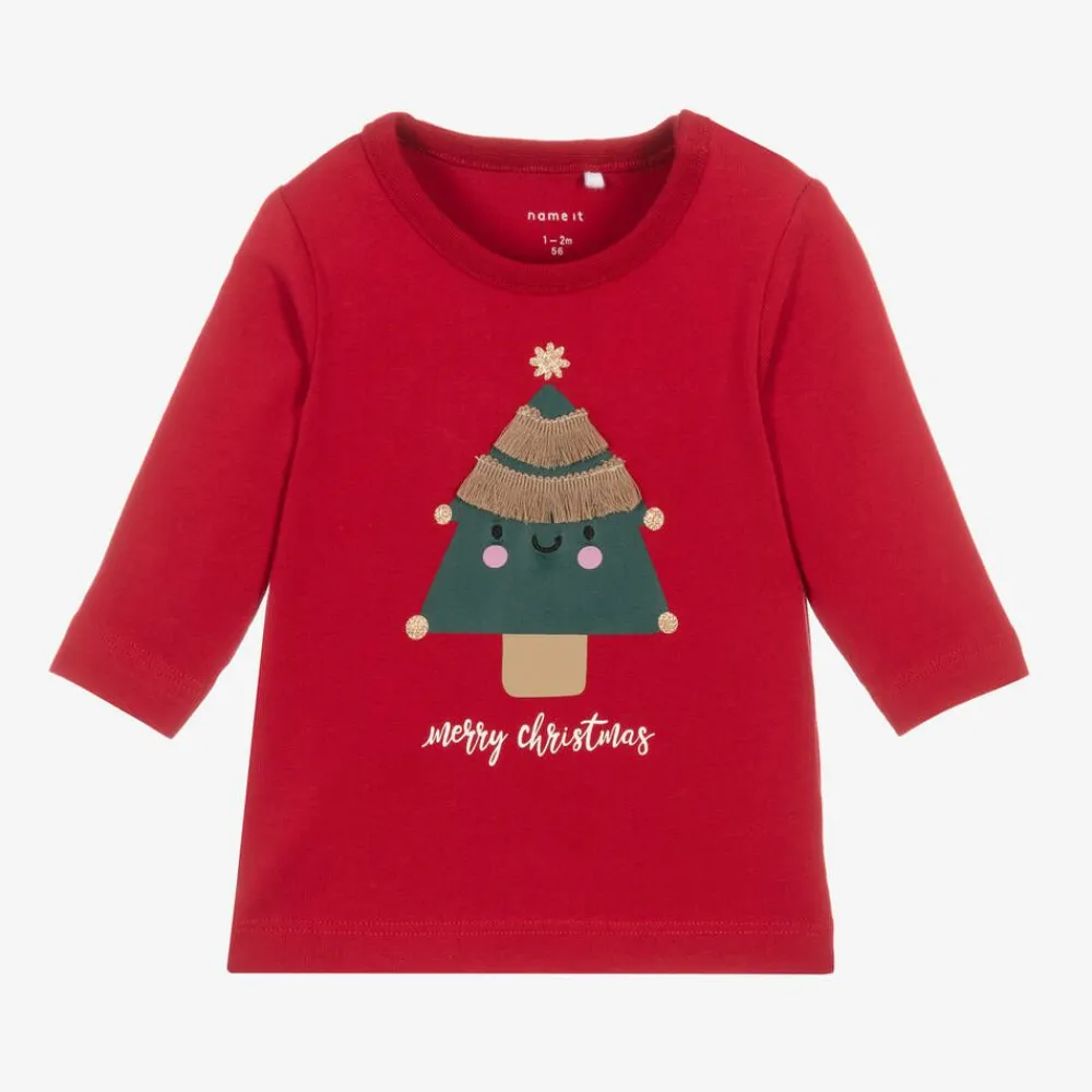 NAME IT Tops*Baby Girls Red Cotton Christmas Tree Top