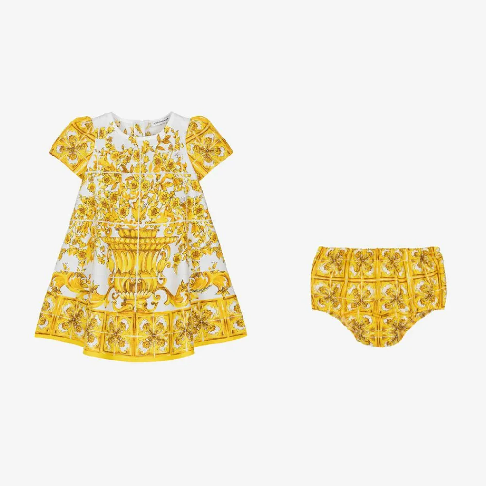 Dolce amp; Gabbana Dresses*Baby Girls Yellow Majolica Print Cotton Dress