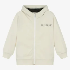 DKNY Tops*Beige Cotton Hooded Zip-Up Top
