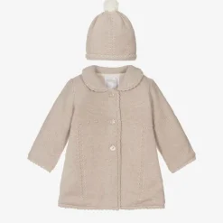 Mayoral Newborn Coats & Jackets*Beige Knitted Cotton Pram Coat & Hat Set