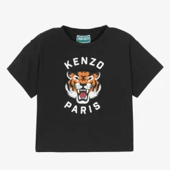 KENZO KIDS Tops*Black Cotton Lucky Tiger T-Shirt