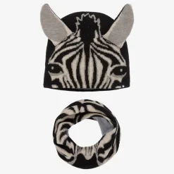 Molo Hats*Black Wool Knit Zebra Hat & Snood Set