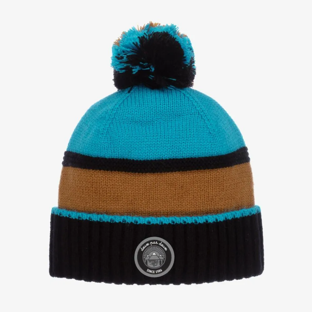 Deux par Deux Hats*Blue & Brown Knitted Pom-Pom Hat