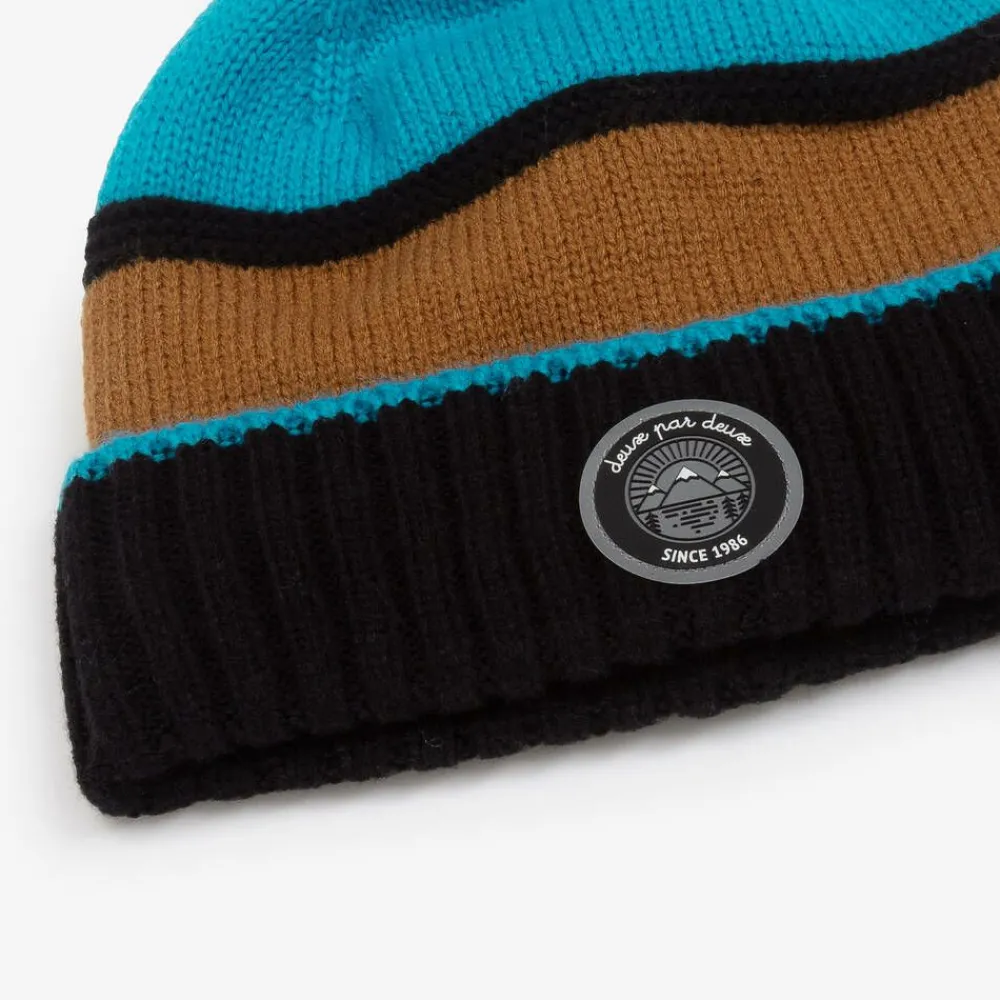 Deux par Deux Hats*Blue & Brown Knitted Pom-Pom Hat