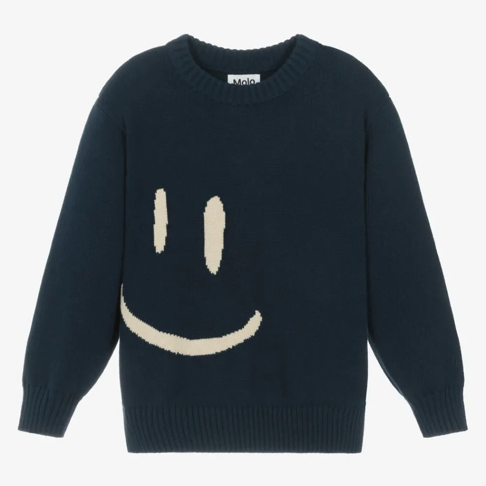 Molo Tops|Tops*Blue Cotton & Wool Smile Sweater