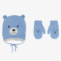 Mayoral Hats|Hats*Blue Cotton Bear Hat & Mittens Set
