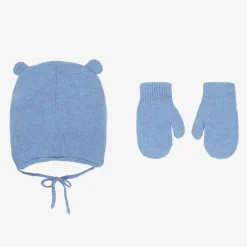 Mayoral Hats|Hats*Blue Cotton Bear Hat & Mittens Set