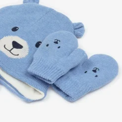 Mayoral Hats|Hats*Blue Cotton Bear Hat & Mittens Set