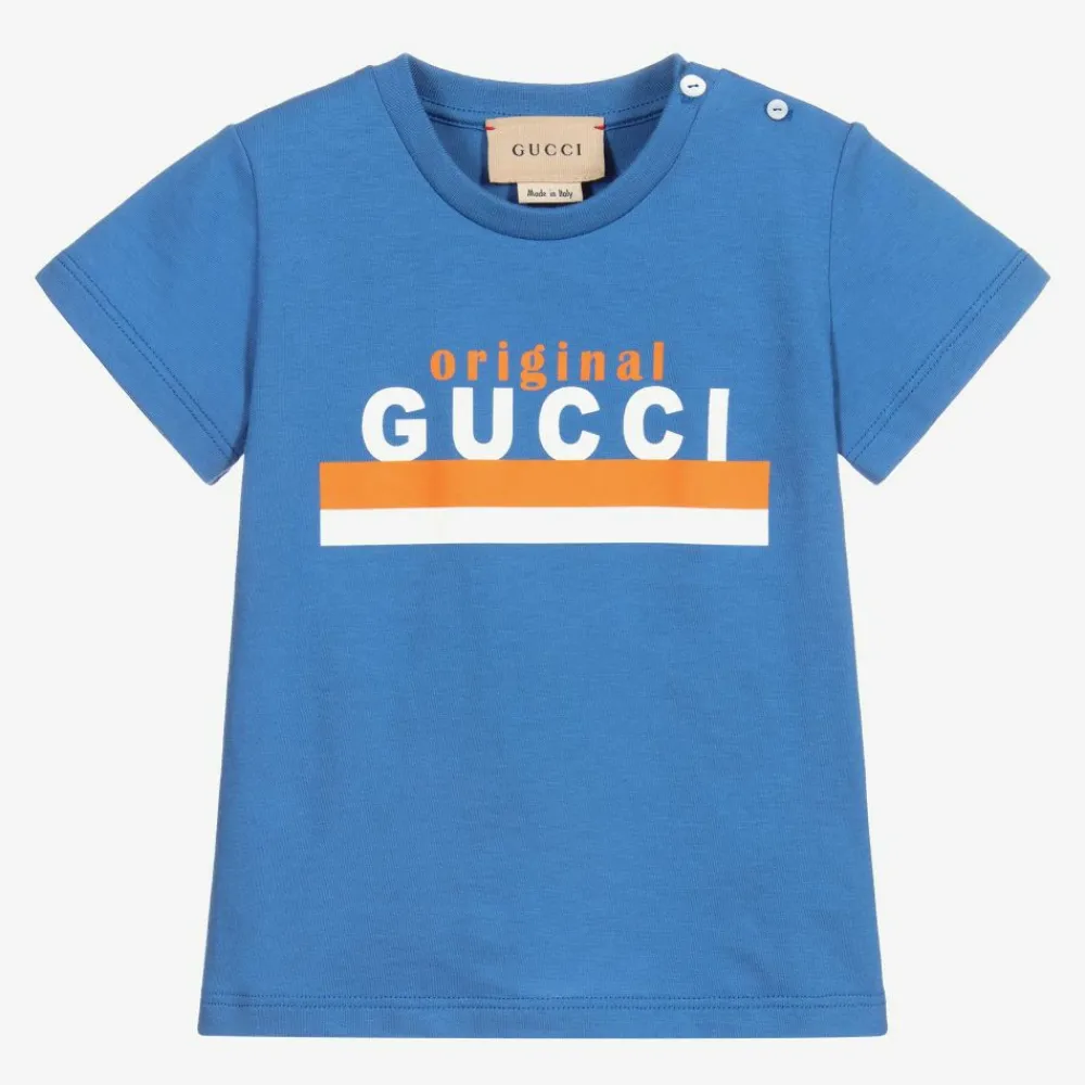 Gucci Tops*Blue Cotton Logo Baby T-Shirt