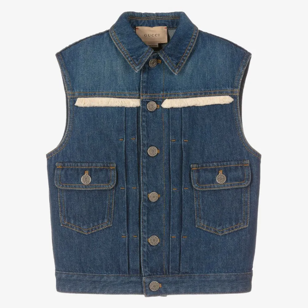Gucci Coats & Jackets|Coats & Jackets*Blue Embroidered Logo Denim Gilet