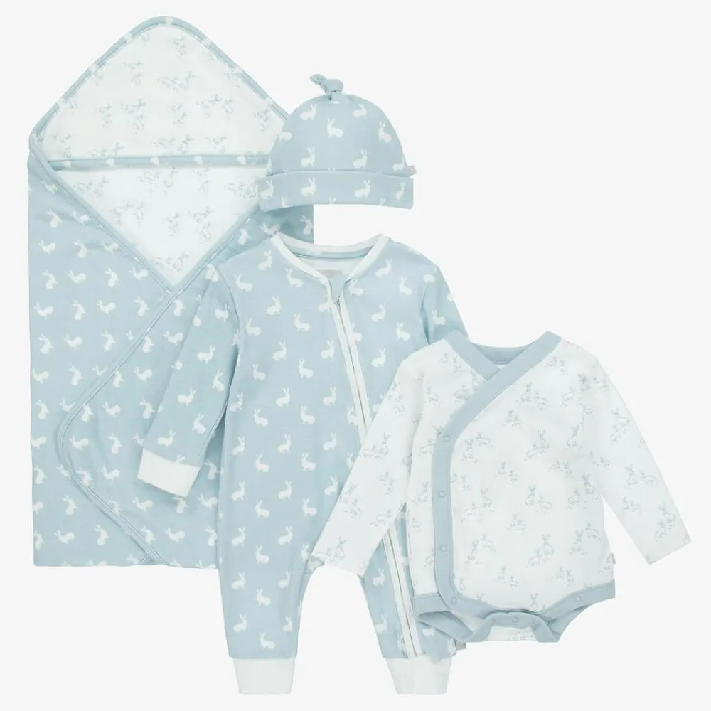 The Little Tailor Gifts|Babysuits*Blue Hare Print Cotton Babysuit Set