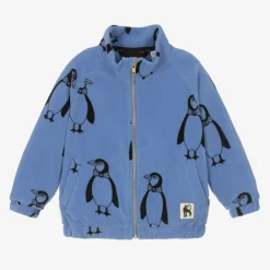 Mini Rodini Tops*Blue Penguin Print Zip-Up Fleece Top