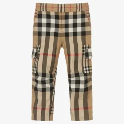 Burberry Trousers*Boys Beige Cotton Check Cargo Trousers