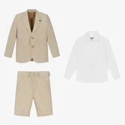 Beau KiD Suits*Boys Beige Cotton Stripe Shorts Suit