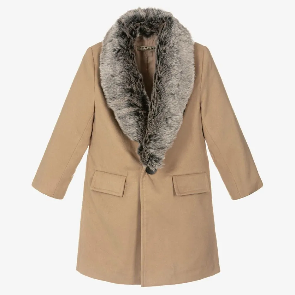 Romano Coats & Jackets*Boys Beige Faux Fur Trim Coat