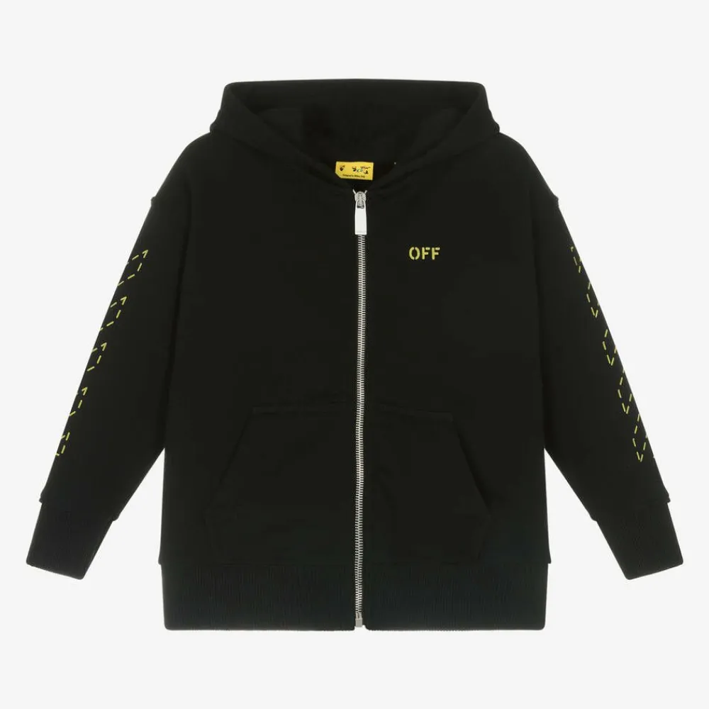 Off-White Tops*Boys Black Cotton Hooded Zip-Up Top
