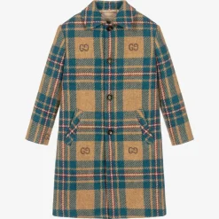 Gucci Coats & Jackets*Boys Blue & Beige GG Check Wool Coat