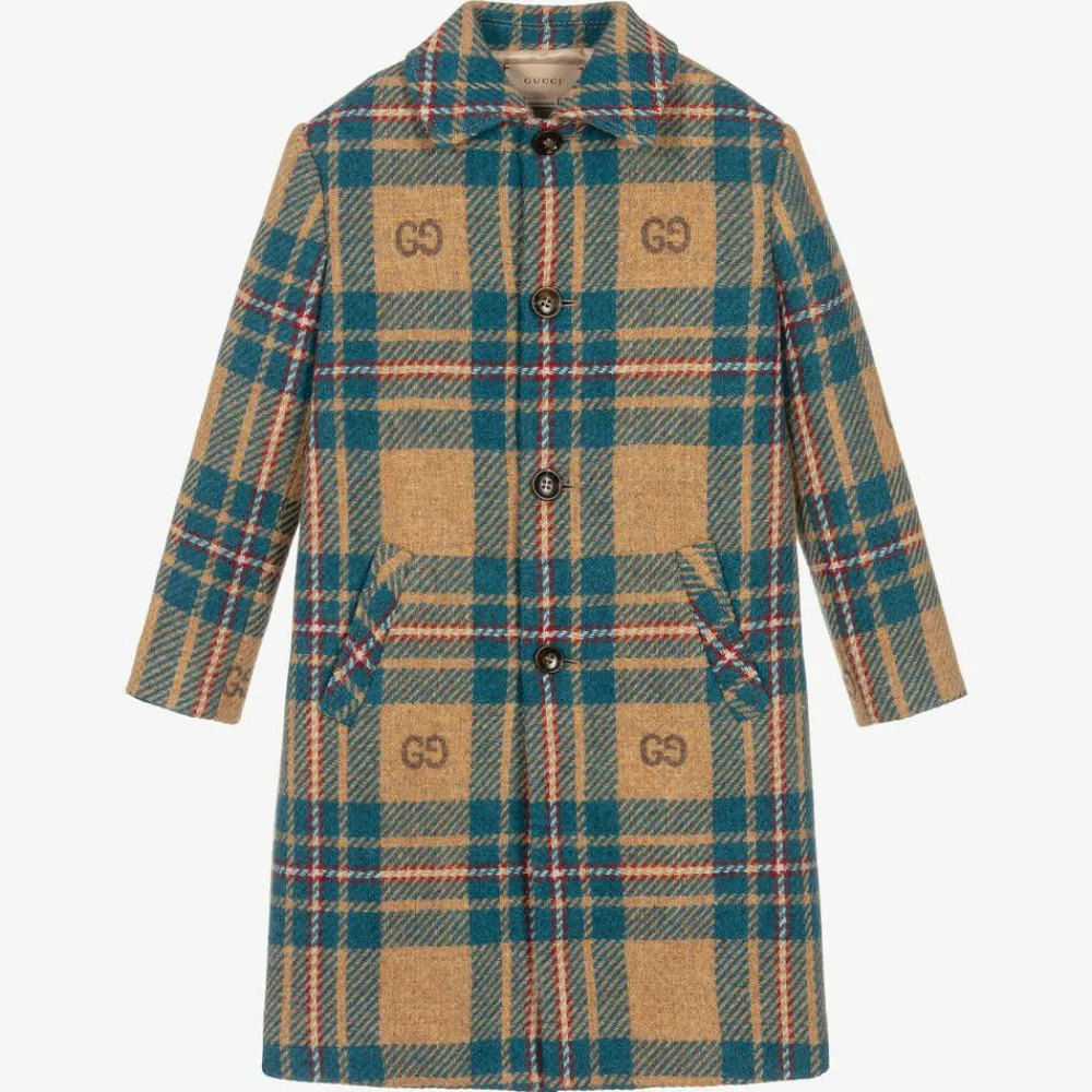 Gucci Coats & Jackets*Boys Blue & Beige GG Check Wool Coat