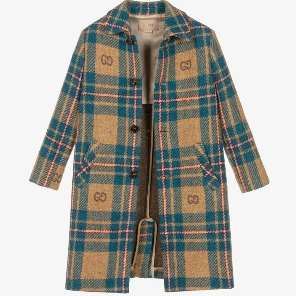 Gucci Coats & Jackets*Boys Blue & Beige GG Check Wool Coat