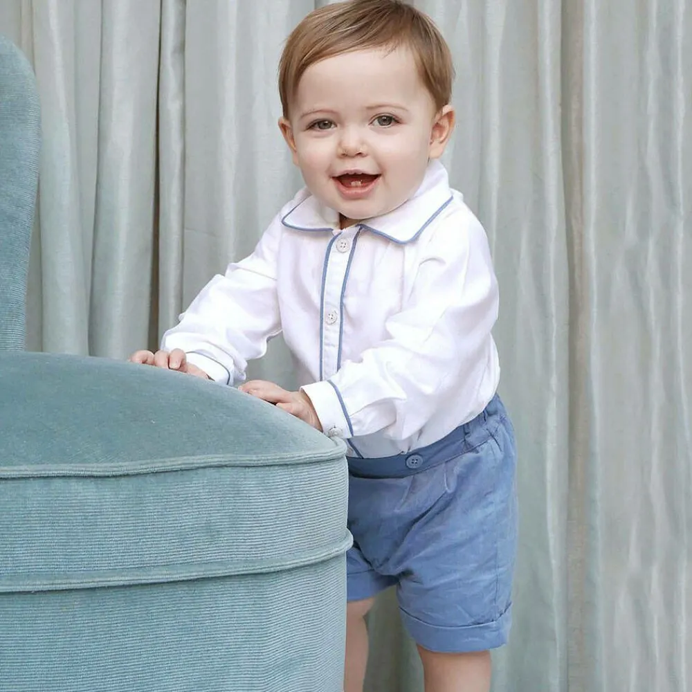 Rachel Riley Outfit Sets*Boys Blue & Ivory Cotton Buster Suit