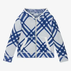 Burberry Tops*Boys Blue Check Wool Zip-Up Hoodie SaltCheck