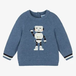 Mayoral Tops*Boys Blue Cotton & Wool Knit Robot Sweater