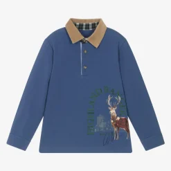 Lapin House Tops*Boys Blue Cotton Deer Print Polo Shirt