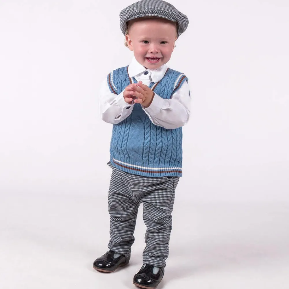 Beau KiD Outfit Sets*Boys Blue Cotton Dogtooth Trouser Set