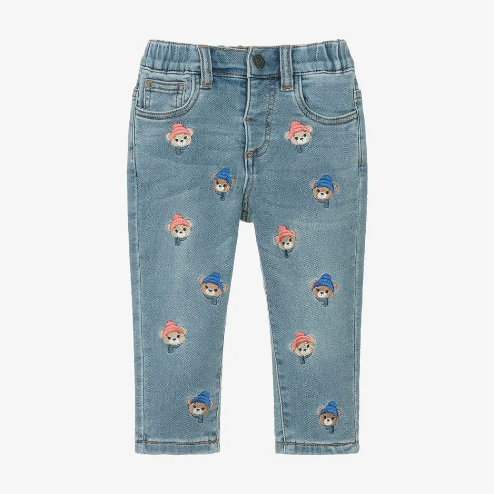 Monnalisa Trousers*Boys Blue Denim Embroidered Bear Jeans