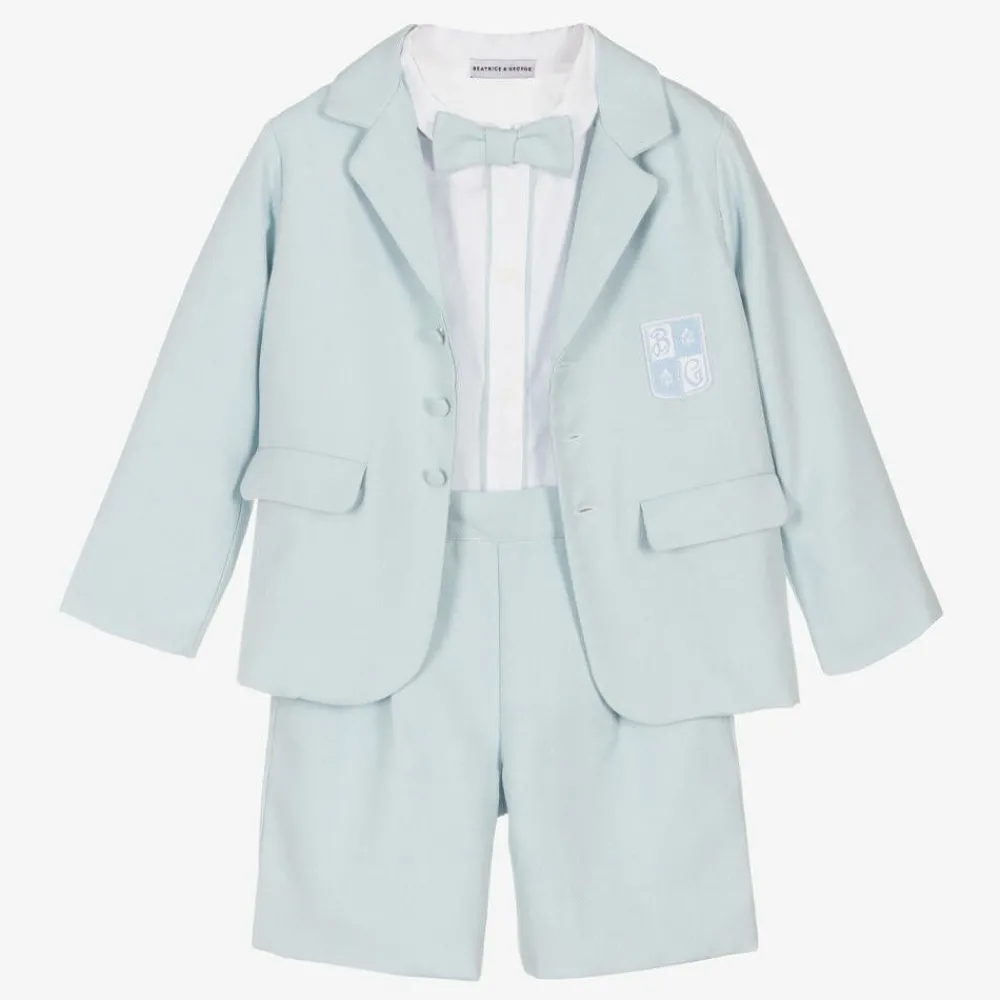 Beatrice amp; George Suits*Boys Blue Herringbone Cotton Shorts Suit