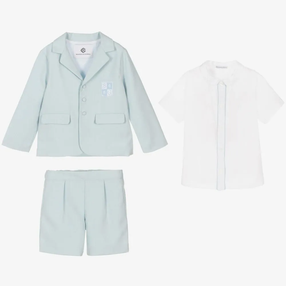 Beatrice amp; George Suits*Boys Blue Herringbone Cotton Shorts Suit