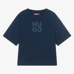 HUGO Tops*Boys Blue Organic Cotton Stacked Logo T-Shirt