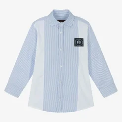 AIGNER Tops*Boys Blue Striped Panel Cotton Shirt