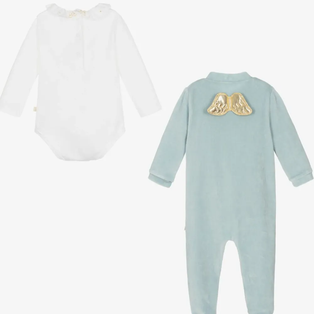 Marie-Chantal Gifts|Babysuits*Boys Blue Velour Angel Wings Babygrow Set