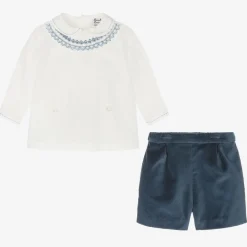 Sarah Louise Outfit Sets|Outfit Sets*Boys Blue Velvet Hand-Smocked Buster Suit