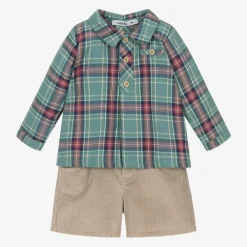 Babidu Outfit Sets*Boys Green & Beige Corduroy Shorts Set