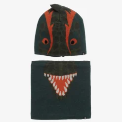 Molo Hats*Boys Green Knit Dinosaur Hat & Snood Set PonderosaPine