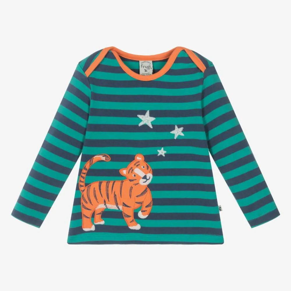 Frugi Tops*Boys Green Striped Cotton Tiger Top