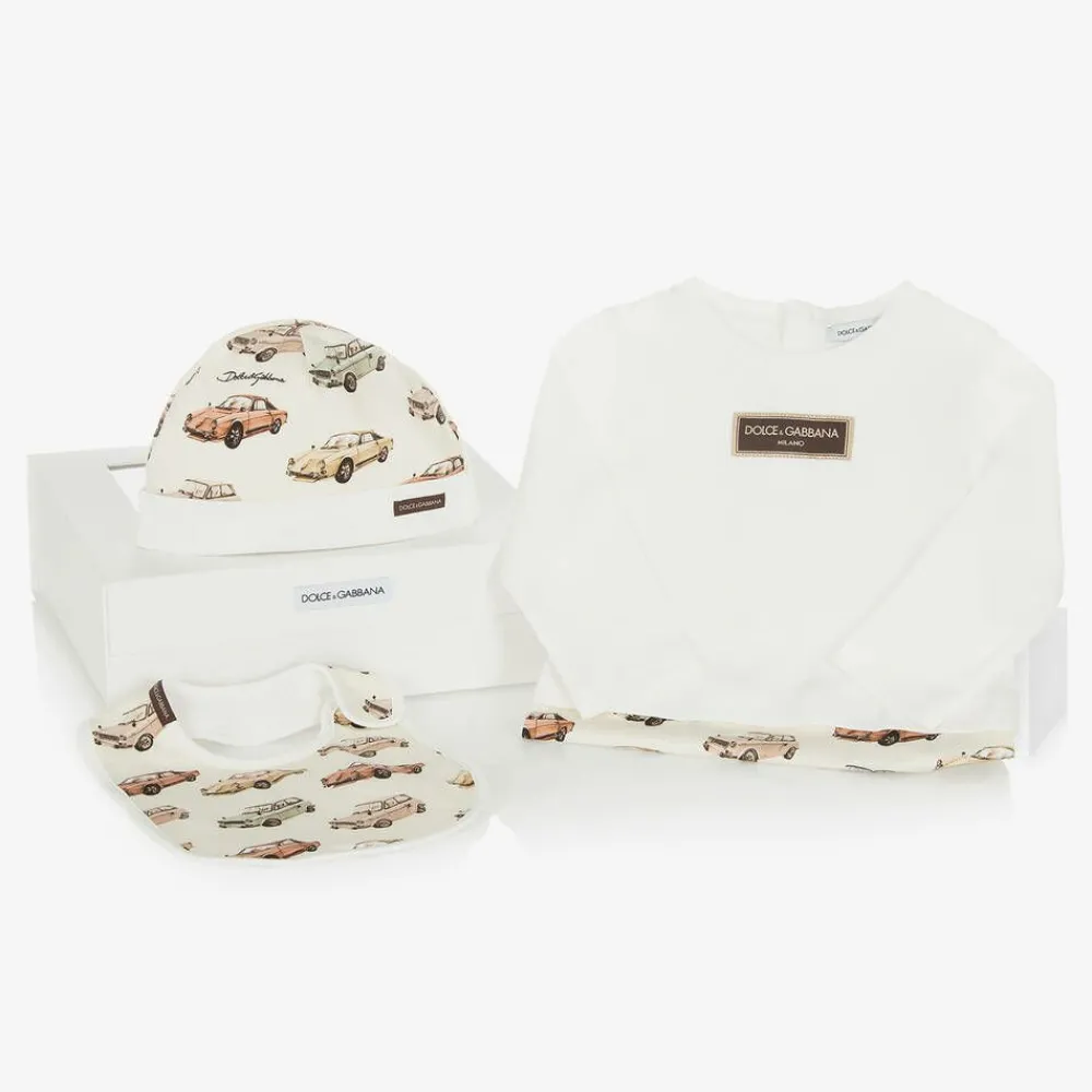 Dolce amp; Gabbana Gifts|Babysuits*Boys Ivory Cotton Cars Babysuit Gift Set
